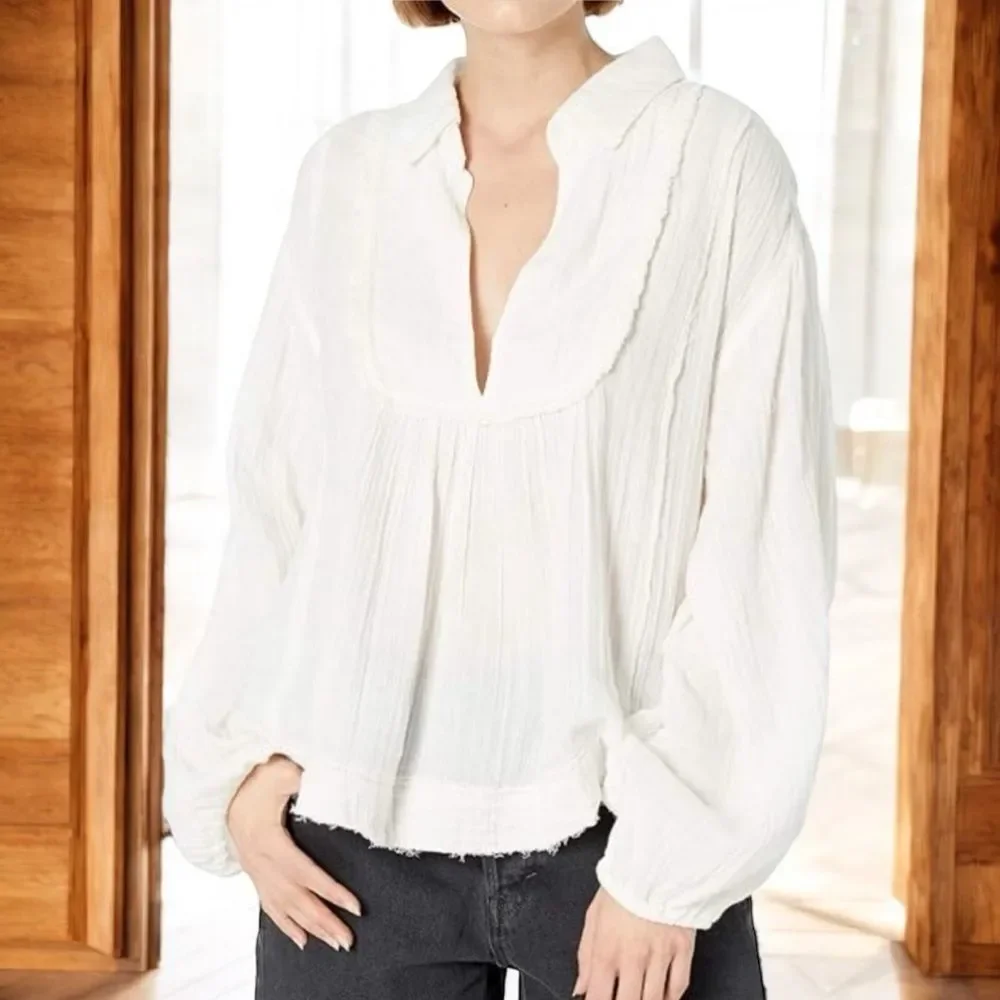 Free People Cozy Dreams Top Textured Cotton Loose Pullover in Soft White Size XS